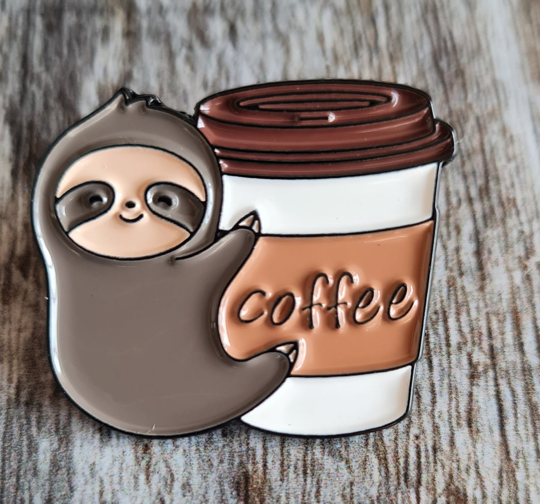 Pin badge,sloth & coffee.
